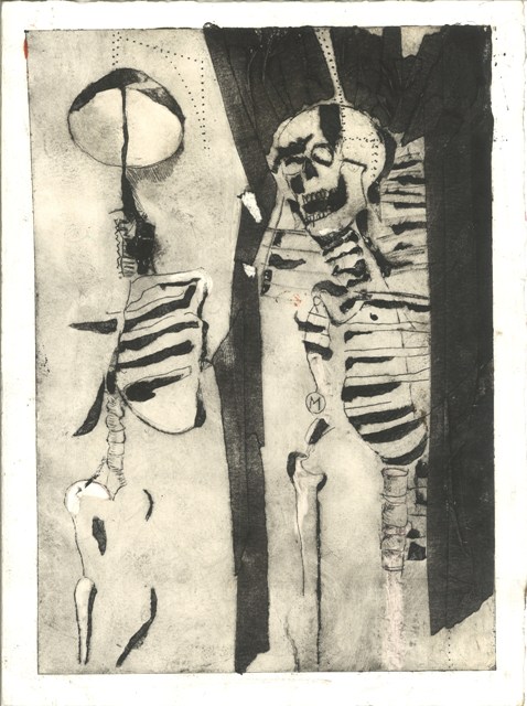 Psyche, Shallot-sliced — Drypoint on paper — two skeletons side by side. 39 × 31 cm