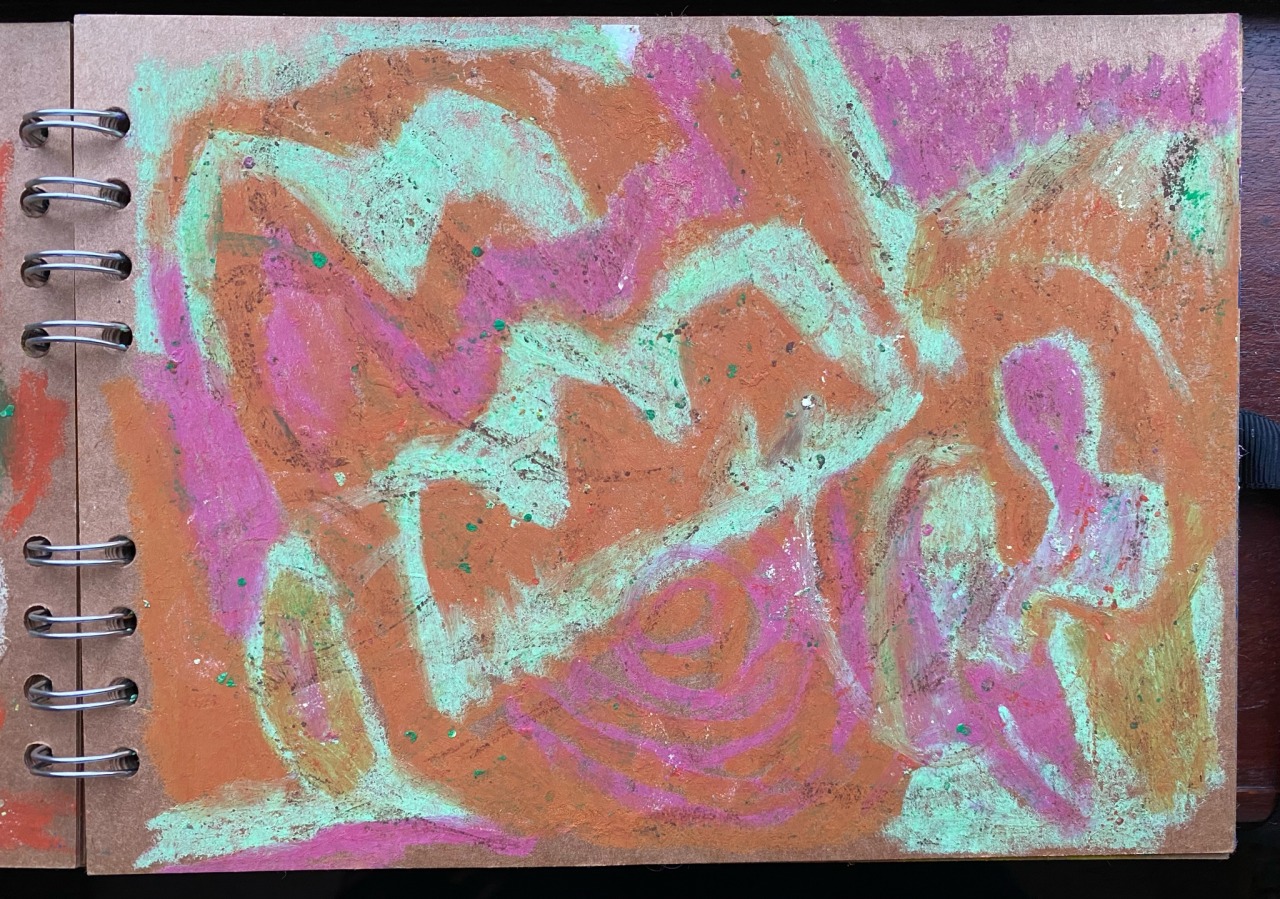 Sketchbook page with blue and orange oil pastel marks forming an abstract seascape.