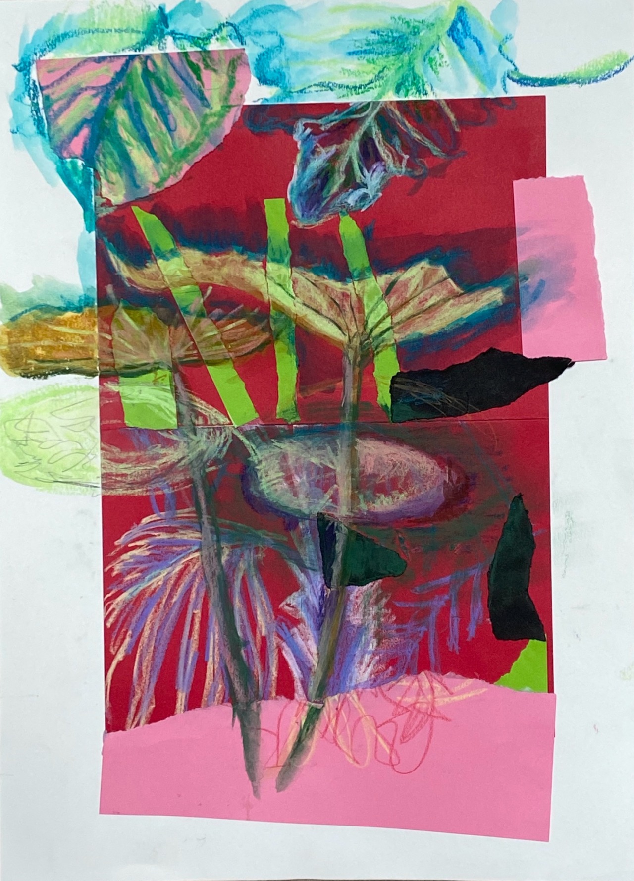 Mixed-media collage on red and pink paper with pastel botanical mark-making.