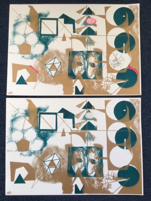 Two risograph prints in teal and ochre featuring geometric shapes and reductive forms.