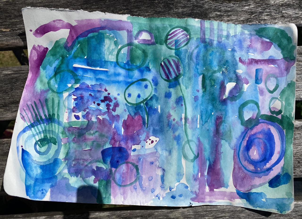 Loose watercolour wash in blues, greens and magentas with circular motifs.